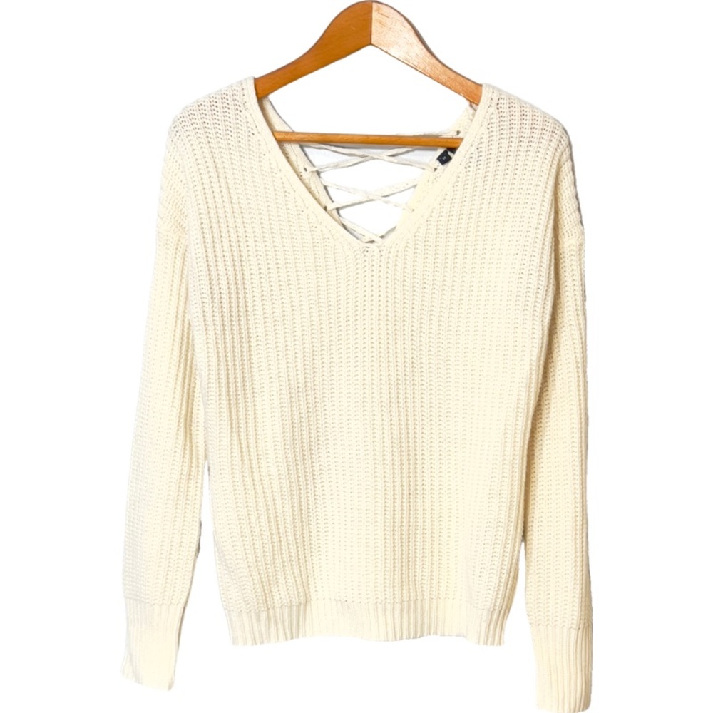 Anthropologie Moon & Madison Ivory Lace Up Back V-Neck Pullover Knit Sweater M
